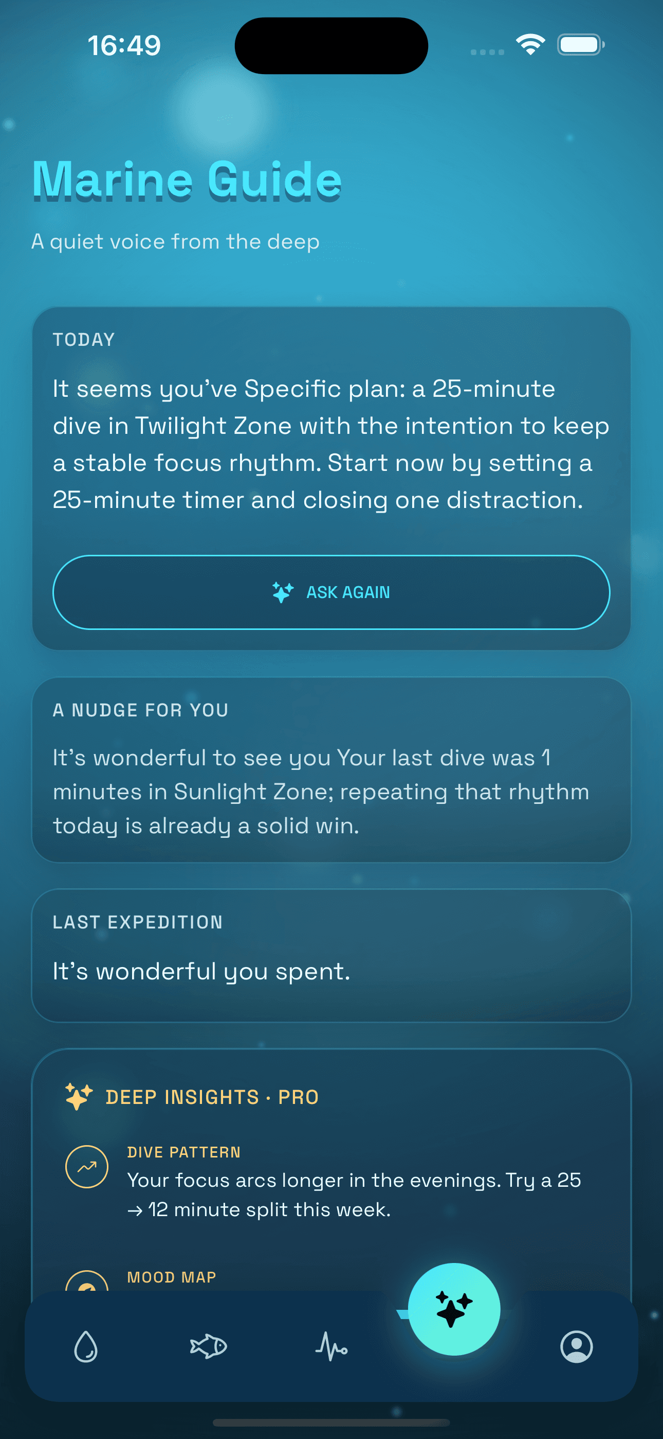 Deep Ocean Marine Guide screen with daily guidance and session reflection